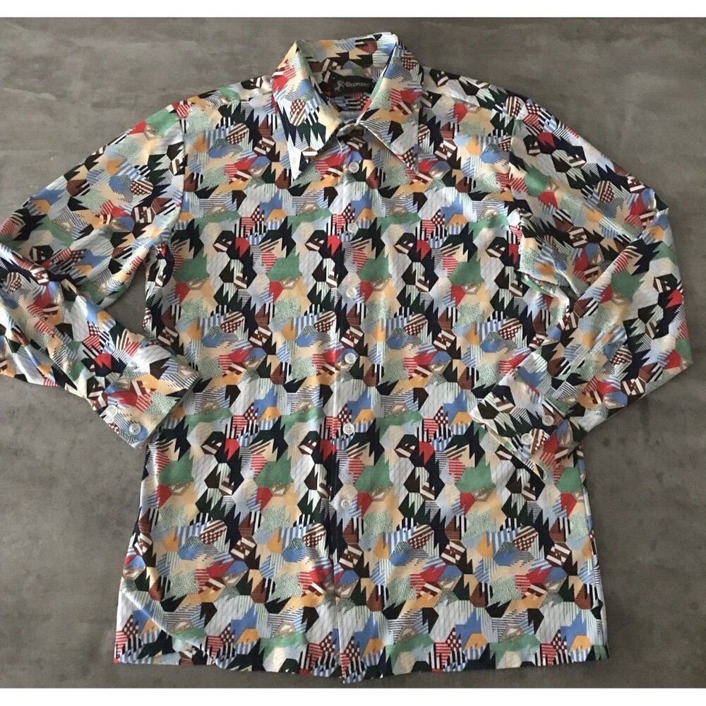Vintage 70s Shirt Men X-Large Disco Dagger Abstract Button Geometric Hippie Boho